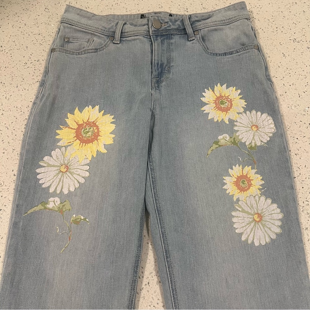 JORDACHE Boho Boyfriend Fit Daisy Jeans Yellow White Floral Light Blue Size 4 - Picture 11 of 16